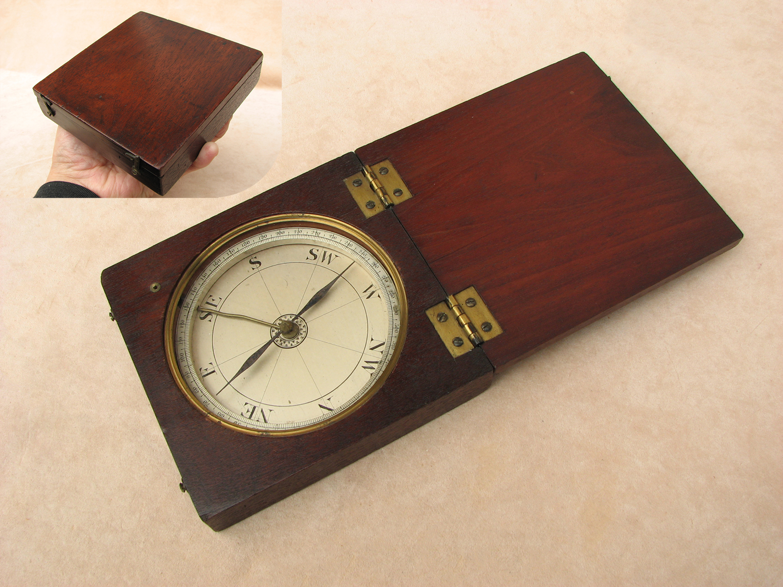 Large 19th century mahogany cased surveyors compass, circa 1820